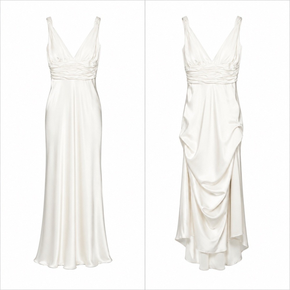 Calvin Klein Ivory Satin Ruched Maxi Gown Dress Size S/M Under Bustle Bridal